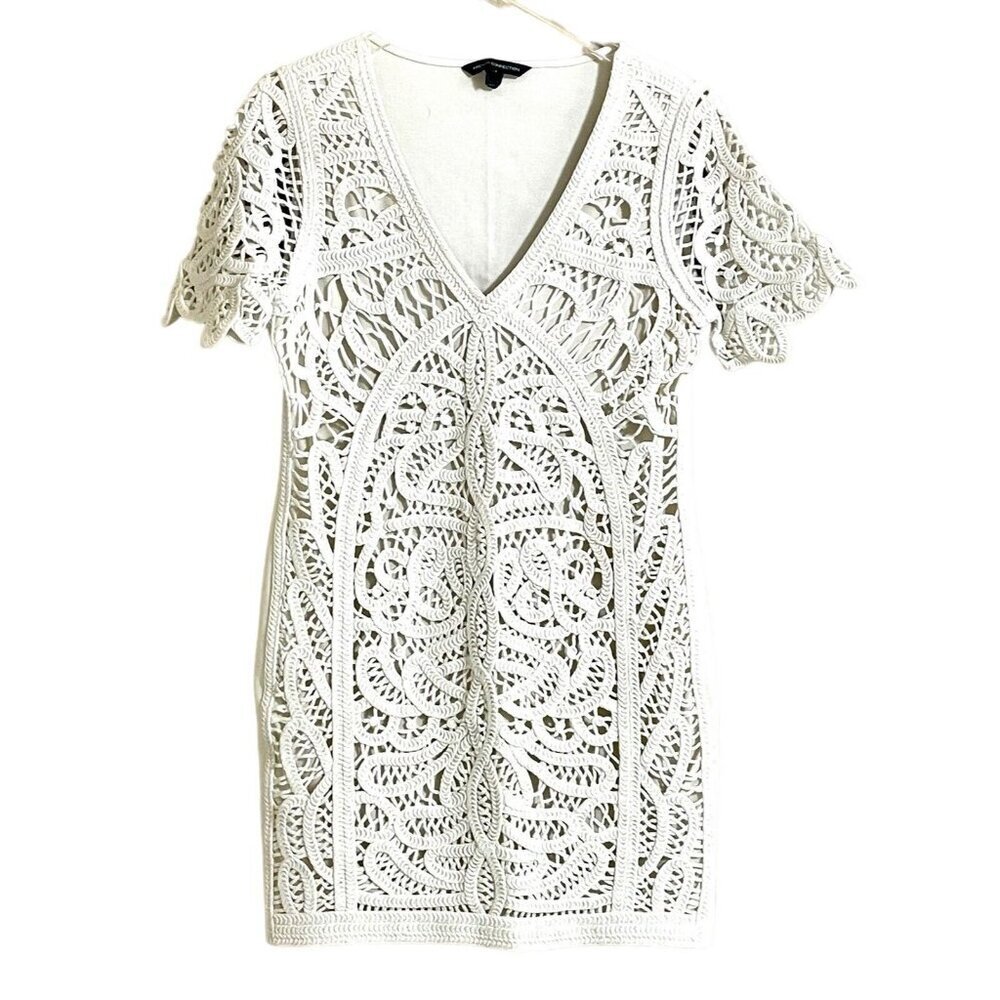 French Connection White Crochet Embroidery Mini Short Dress V Neck Sz 10 L - Picture 2 of 16
